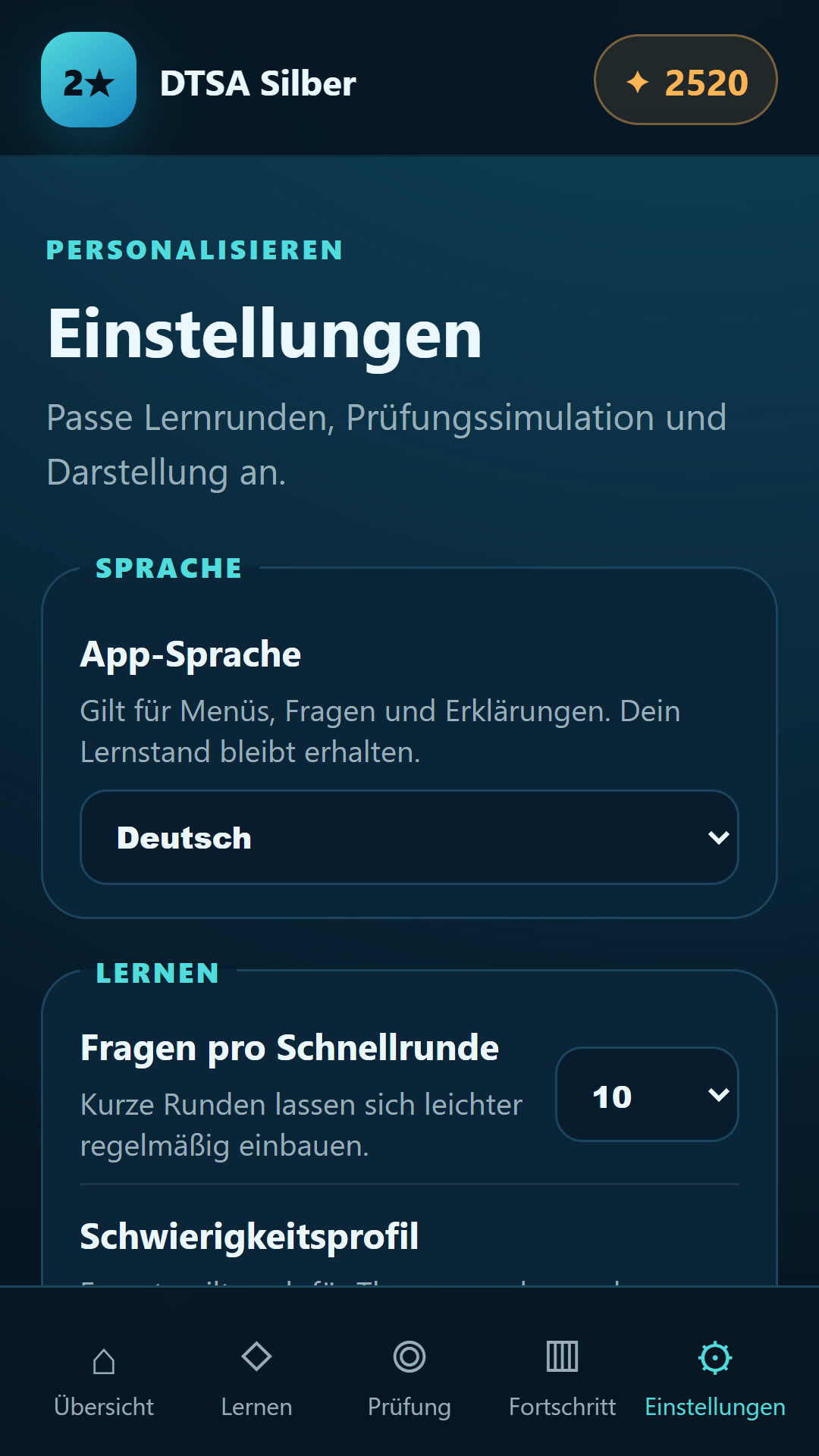 Spracheinstellungen — DTSA/CMAS 2** Silver