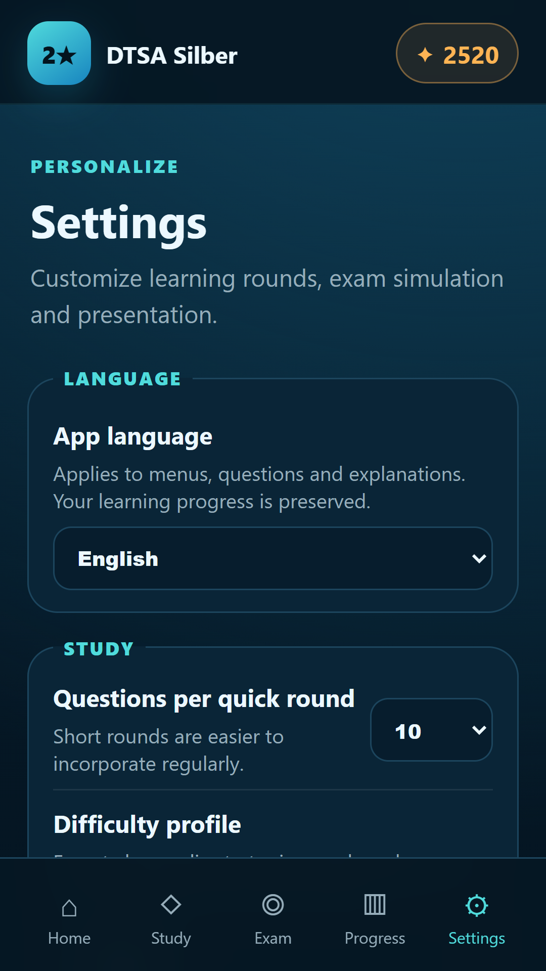 Language settings — DTSA/CMAS 2** Silver