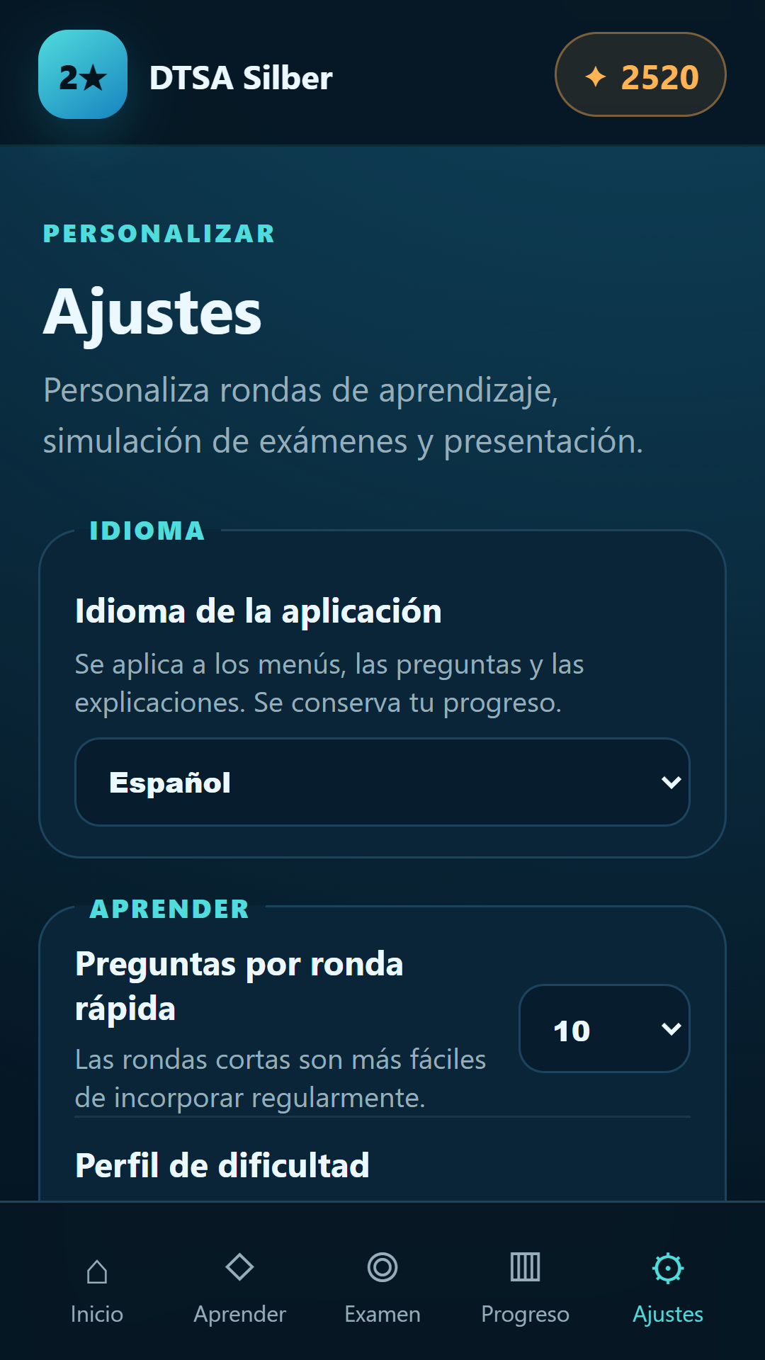 Selección de idioma — DTSA/CMAS 2** Plata