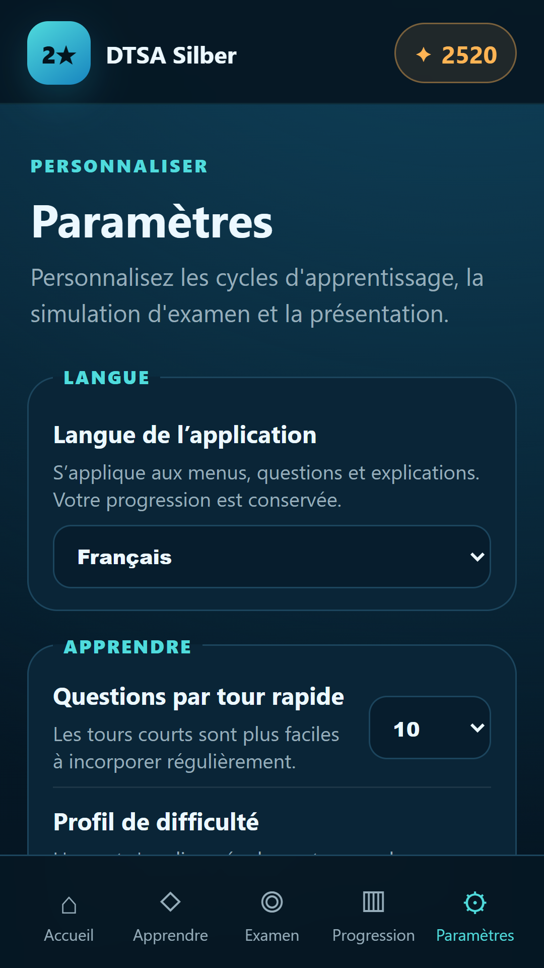 Choix de la langue — DTSA/CMAS 2** Argent
